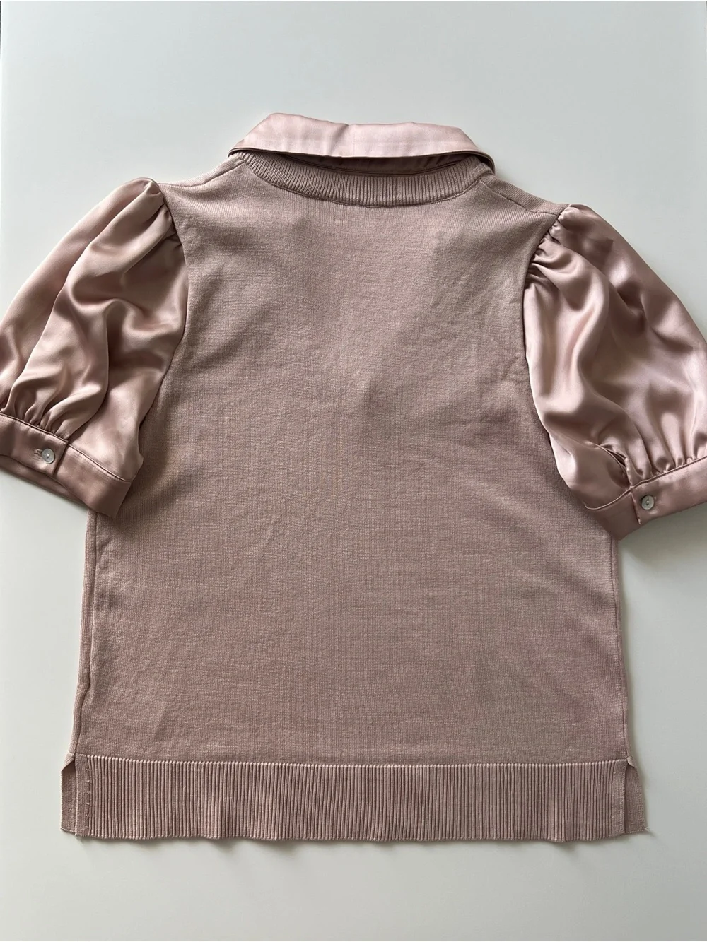 Cynthia Rowley Blush Pink Mixed Media Sweater Top Satin Puff Sleeve M - Picture 3 of 13